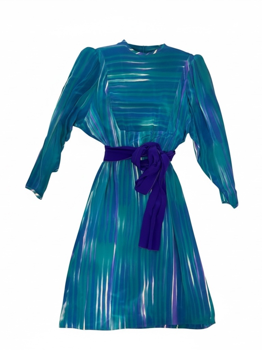 Teal & Purple Striped Belted 100% Silk Longsleeve Dress NICOLE LTD CHICAGO